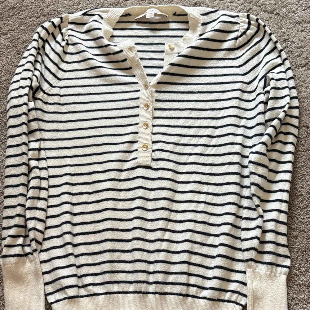 LOFT Cream & Black Striped Henley Sweater - Picture 1 of 2